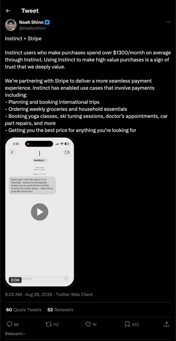 Noah Shinn's post about Instinct and Stripe