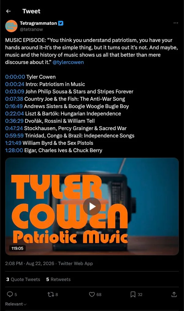 Tetragrammaton's post about Tyler Cowen discussing patriotism in music